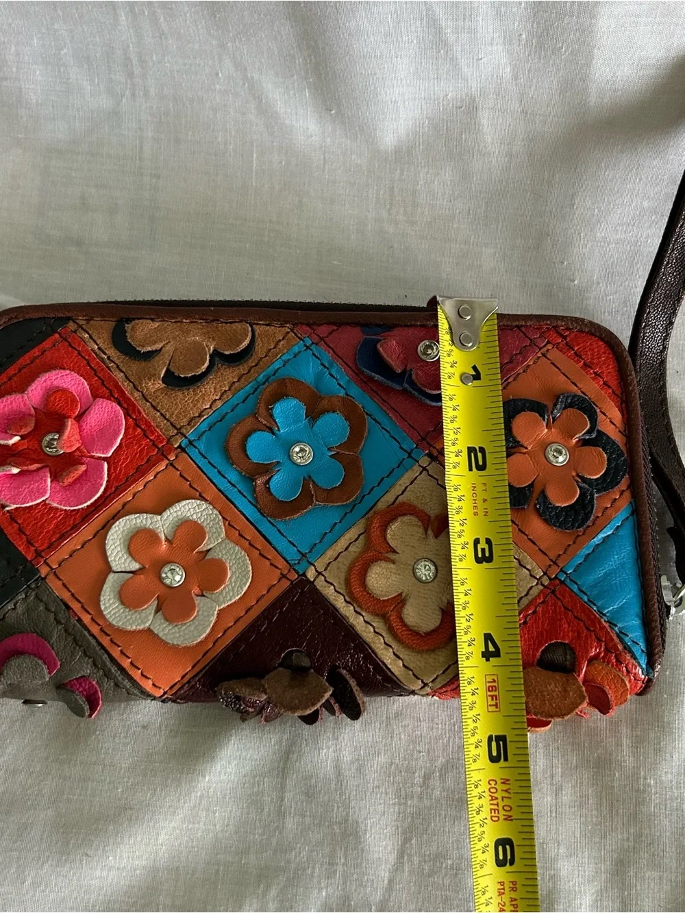 3D Flower Patchwork Genuine Leather Wristlet Wallet Zip Around Clutch Multi